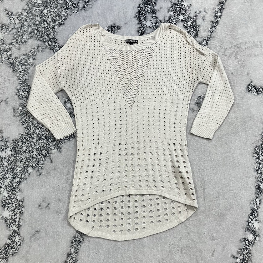 Express Sweater Womens Size‎ XS Beige Open Knit Pointelle Lightweight Pullover